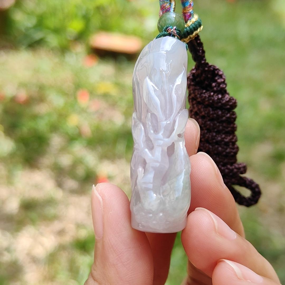 Lavender with little light green Natural Type A Jadeite Jade crafted as Bamboo and Bee as a Pendant, certificate weigh 33.64 grams, measurement 49.7 * 25.1 * 13.2 mm (pendant199)