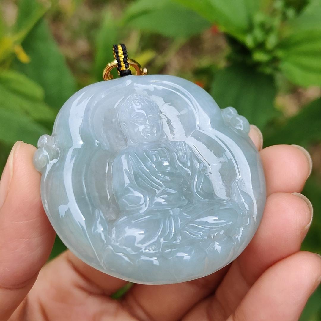 Semi Icy Bluish Green Hue Natural Type A Jadeite Pendant Crafted as Buddha with certificate included weigh 26.65 grams, 48.3 * 48.9 * 7 mm, suitable for daily wear