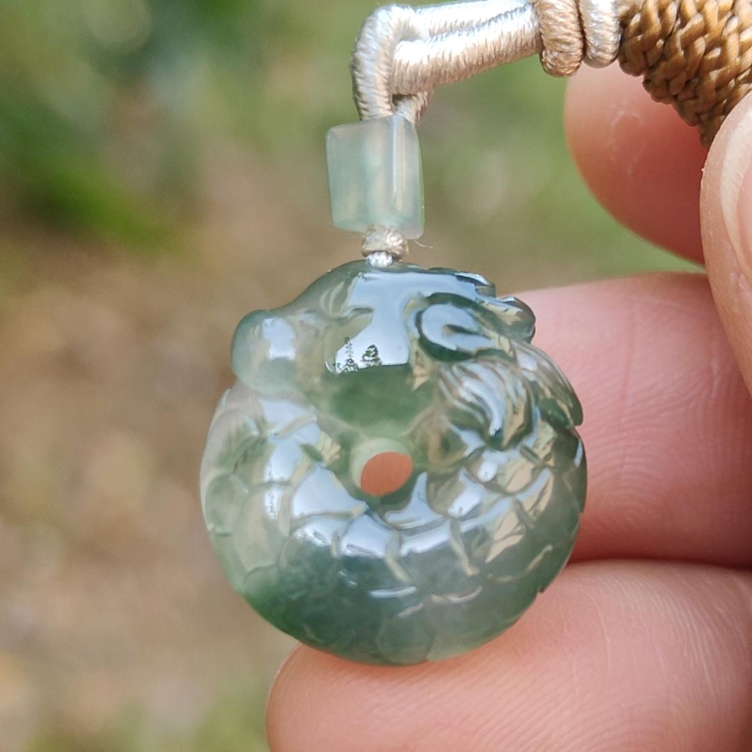 Hight Quality Green with Green Patches Natural Type A Jadeite Jade crafted with shape of Donut with Baby Dragon as Pendant, QIC approved labs certificate weigh 4.11 grams, measurement 17.2 * 16.3 * 5.1 mm (pendant242)