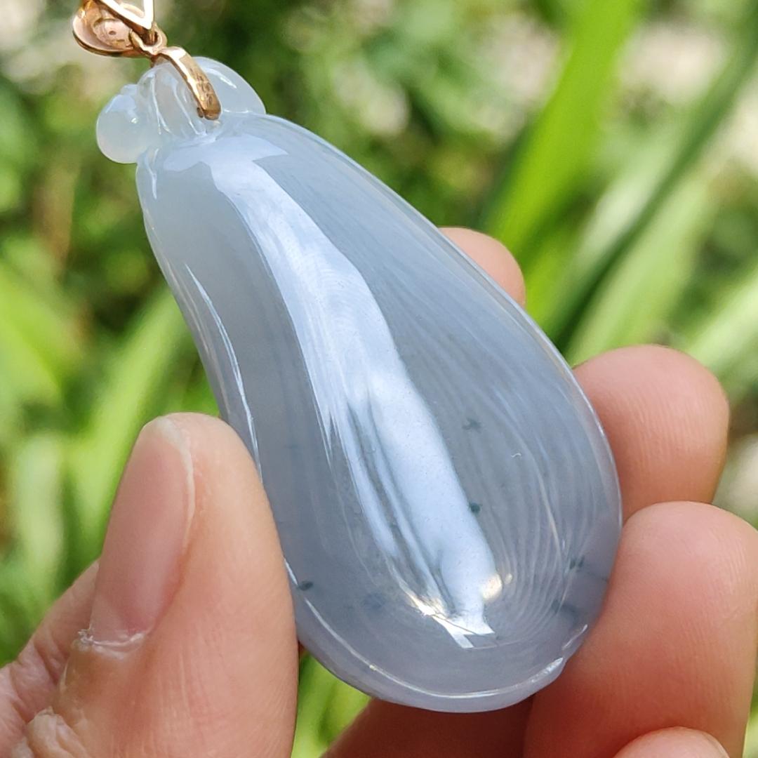 High Quality Light Lavender with Light Green Natural Type A Jadeite Jade crafted as shape of Fugua set with 18k Gold Clasp as Pendant, certificate weighs 23.61 grams, measurement 44.8 * 25.2 * 12 mm (18kp47)