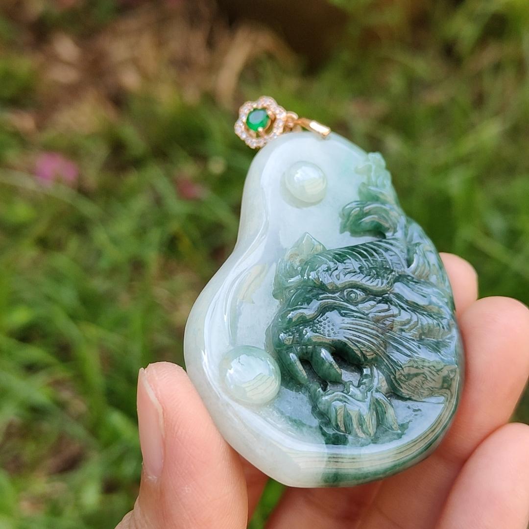 Very Rare Green Tiger Natural Type A Jadeite Pendant with certificate weight 32.24 grams, 62.70 * 41 * 7.60 mm, excellent for the tiger's lover collection for your daily wear (pendant113)