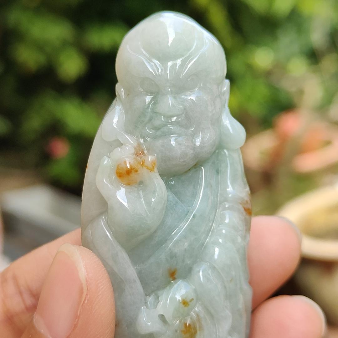 Light Green with Golden Yellow Patches Super Rare Natural Type A Jadeite Jade crafted with Arhat as Pendant, certificate weighs 57.71 grams, measurement 69.7 * 39.3 * 14.5 mm (pendant263)