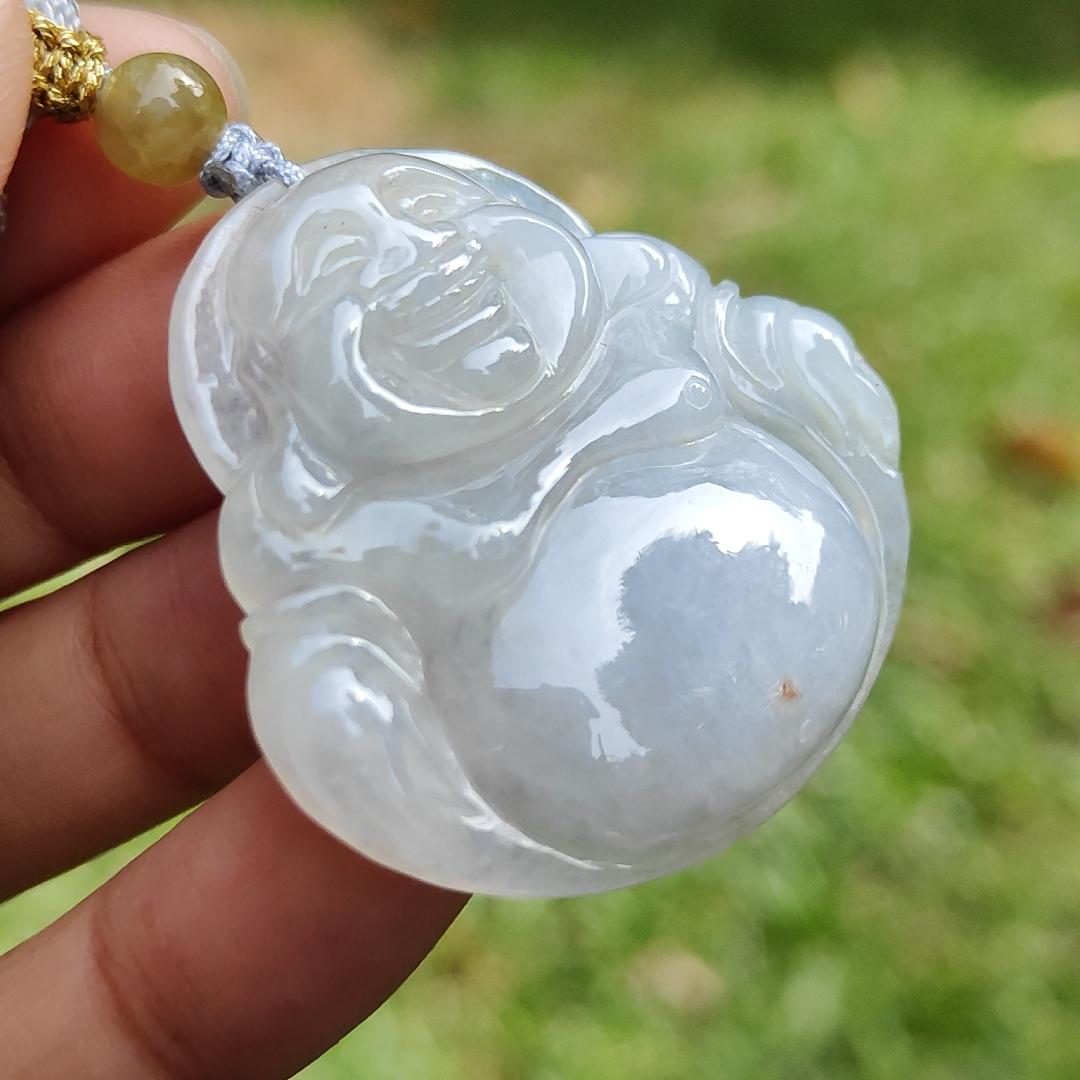 Quality Semi Translucent Natural Type A Jadeite Jade crafted as Milo Buddha as Pendant, certificate weighs 12.57 grams, measurement 37.5 * 38.9 * 6.3 mm (pendant275)