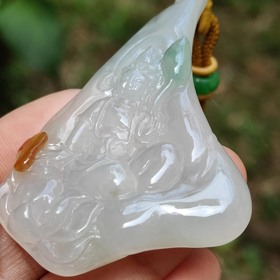 Unique Yellow and Green Natural Type A Jadeite Jade crafted with Guanyin as Pendant Necklace Jewellery with certificate weigh 23.54 grams, measurement 57.3 * 39.3 * 7.5 mm (pendant205)