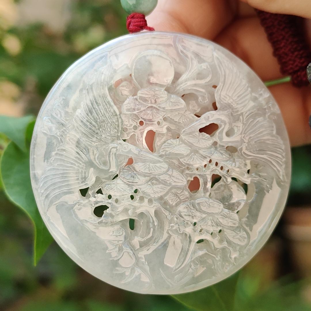 Highly Translucent Icy Natural Type A Jadeite Pendant Carved with Cranes, Pine Trees and Bamboo meaning Endurance, Perseverance and Never fading with Longevity, certificate included weighs 28.38 grams, 52.5 * 52.5 * 6.1 mm, for collection (pendant90)