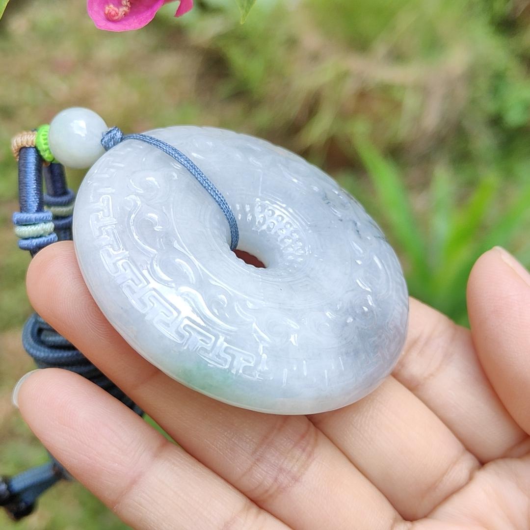 Hugh Natural Type A Jadeite Pendant Crafted as Dounut with beautiful archaize style with floating green and some wuji with Purple Hue, QIC Labs approved cert weigh 71.13 grams, 54.3 * 54.3 * 12.2 mm, symbols of Everything is going well (pendant64)