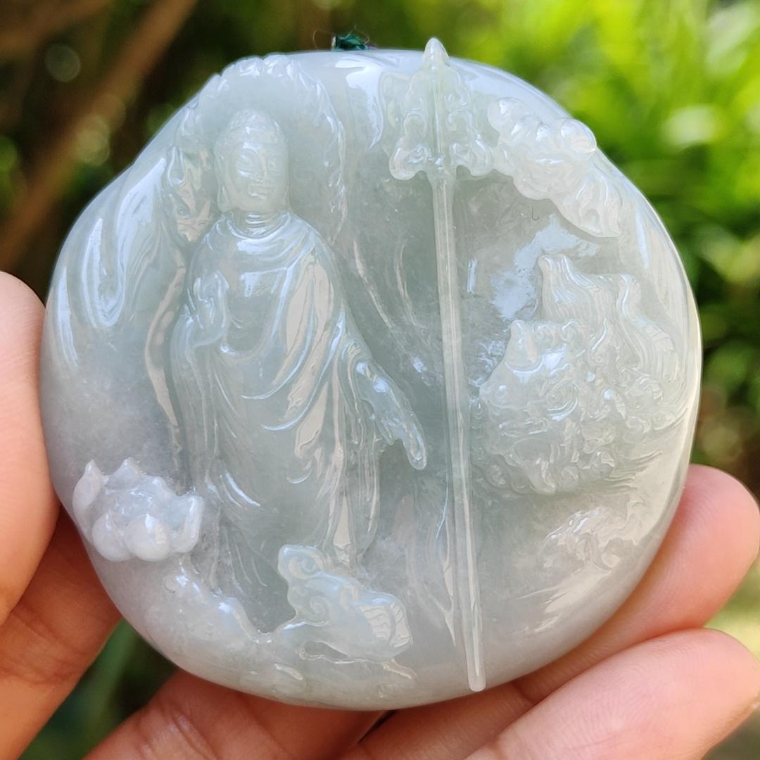 High Quality Light Green Hue Natural Type A Jadeite Jade crafted with Ksitigarbha Bodhisattva as Pendant, certificate weighs 70.75 grams, measurement 54.6 * 54.6 * 12.6 mm (pendant232)