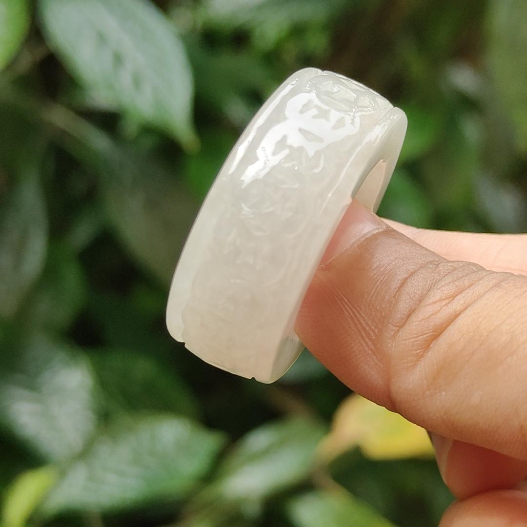 Quality White Natural Type A Jadeite Jade crafted with many coins as Ring with Finger size 21 mm, QIC approved labs certificate weigh 22.07 grams, measurement 12.5 * 6.7 mm (ring6)