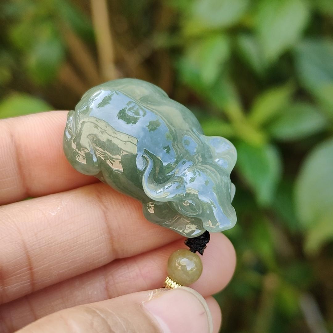 Oil Green Natural Type A Jadeite Pendant carved as water buffalo representing Hardworking and Simple, Unstoppable, Strong and Healthy and Turn the Tide, certificate include weighs 14.56 grams, 34.6 * 23.6 * 11.5 mm, suitable for daily wear (pendant80)