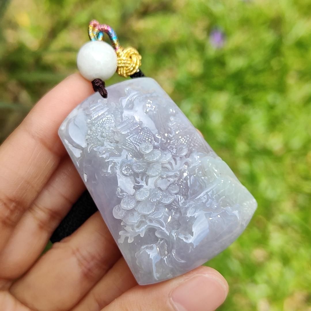 Lavender with green patches Crafted with People, Moutains, Trees, bridge, water, good for boosting personal fengshui Natural Type A Jadeite Pendant Necklace with certificate weigh 42.92 grams, 51.5 * 36.2 * 11.5 mm