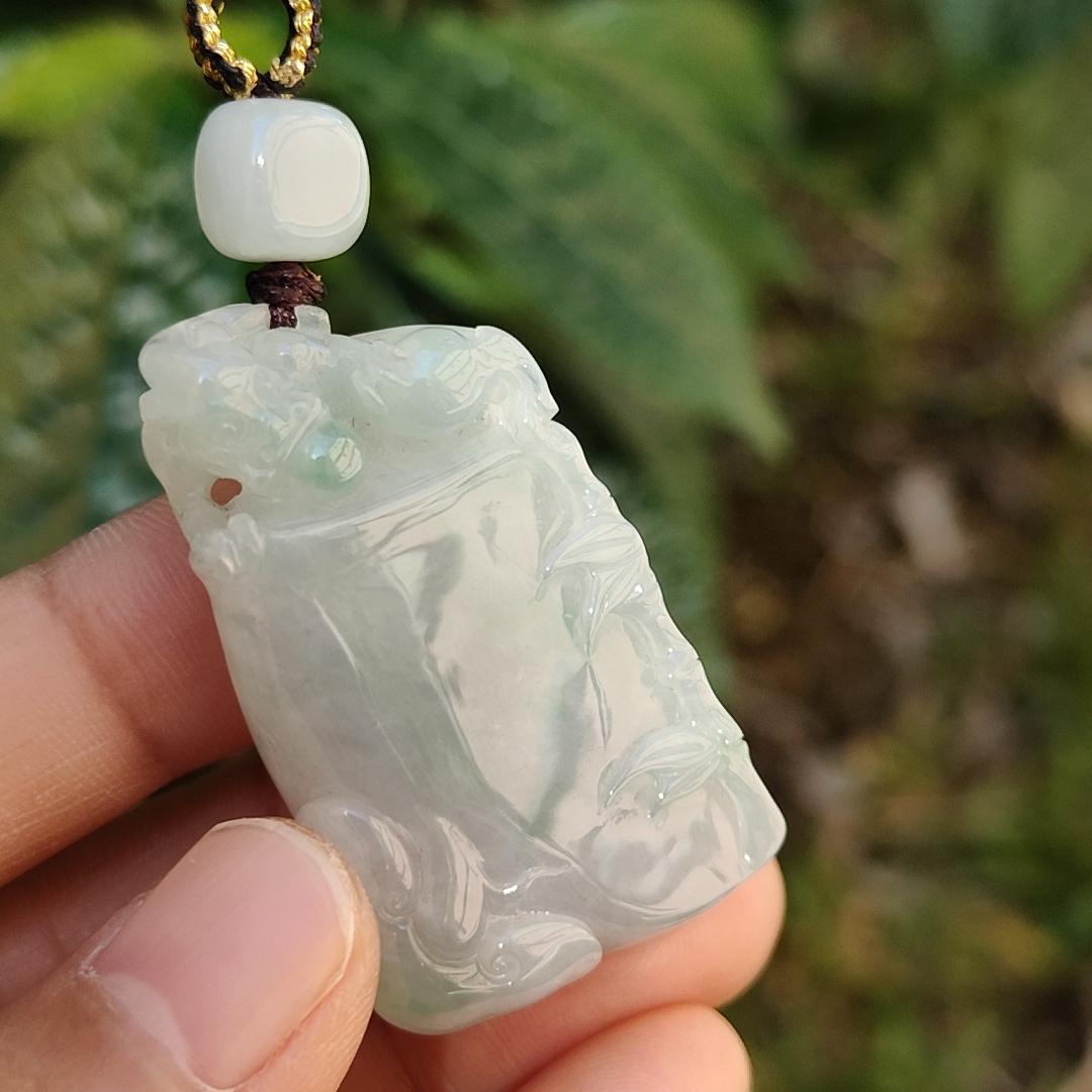 Crafted as Bamboo with Pixiu on it, Light Green patches Natural Type A Jadeite Jade Pendant Necklace with certificate weigh 24.54 grams, measurement 41.3 * 24.6 * 11.7 mm (pendant177)