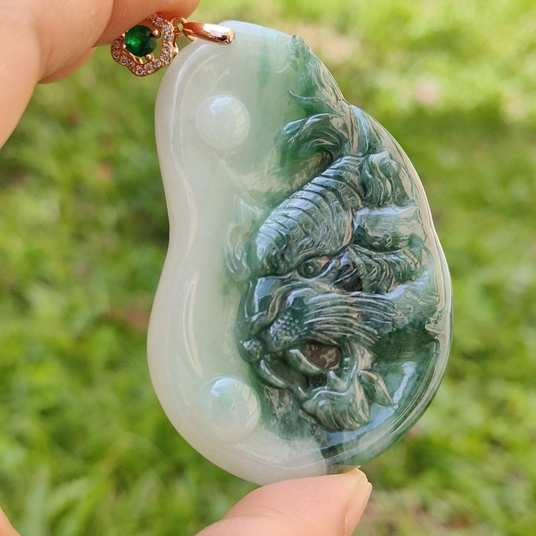 Very Rare Green Tiger Natural Type A Jadeite Pendant with certificate weight 32.24 grams, 62.70 * 41 * 7.60 mm, excellent for the tiger's lover collection for your daily wear (pendant113)