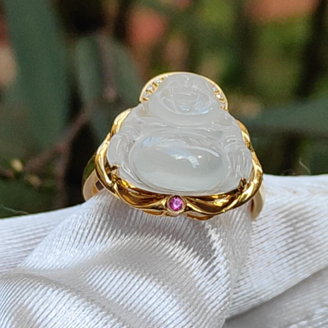 Premium Rare old pit Icy Natural Type A Jadeite Cabochon crafted as Laughing Buddha setting on G18K Gold as Ring with finger size 17.6mm, Certificate included weigh 3.23 grams, Jade measurement 12.8 * 14.8 * 4.1 mm (18kring5)