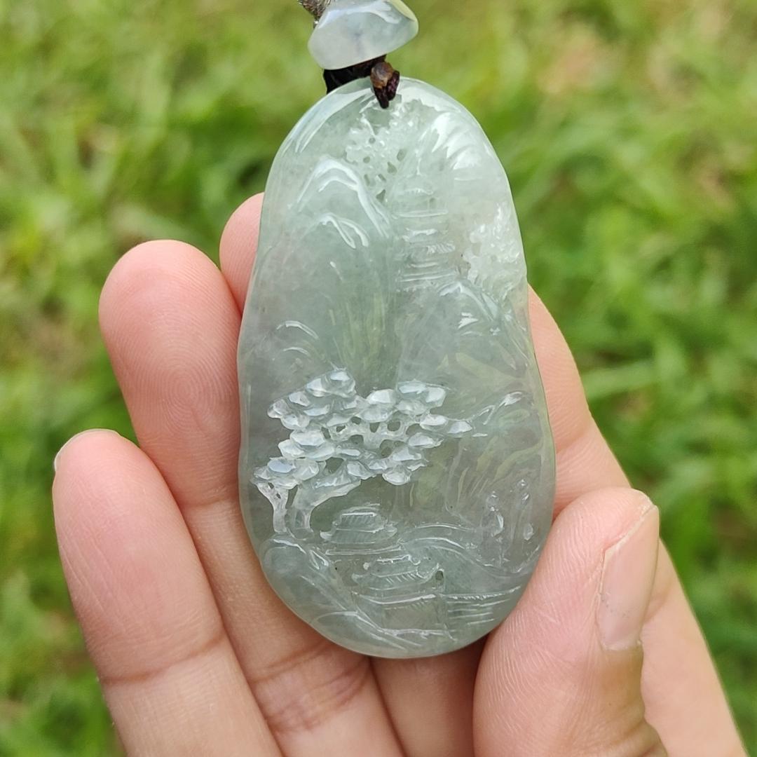 Premium Full Light Green with Good Translucency Natural Type A Jadeite Pendant Necklace crafted with Moutain, Trees, Houses, Bride and Running Water with certificate weigh 28.09 grams, 54 * 29.8 * 9.8 mm (pendant36)