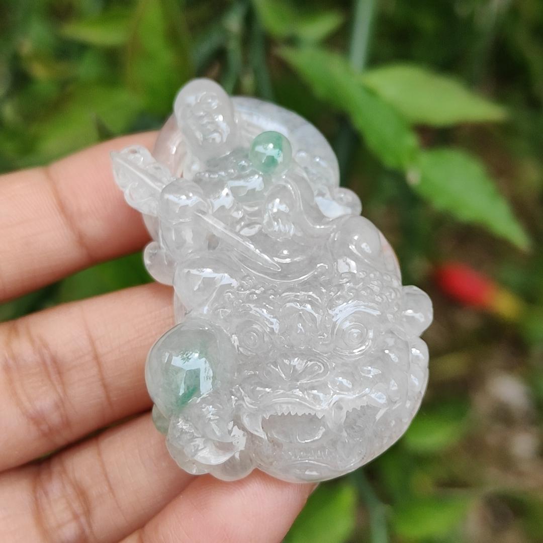 Icy Variety with Glossy Good crafted as Translucency Ksitigarbha Bodhisattva Pendant Necklace with green patches, a Natural Type A Jadeite with certificate included weigh 31.44 grams, 53.3 * 33.2 * 12.3 mm, good for collection or daily wear