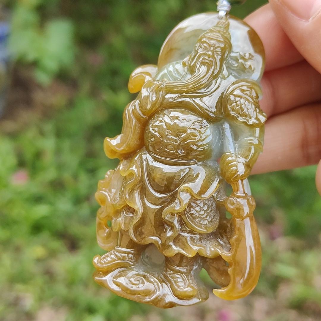 Special Sales - Very Rare Brown and Light Green Natural Type A Jadeite Jade crafted with Guan Gong as Pendant with certificate weigh 66.01 grams, measurement 70 * 43.7 * 18 mm (pendant228)