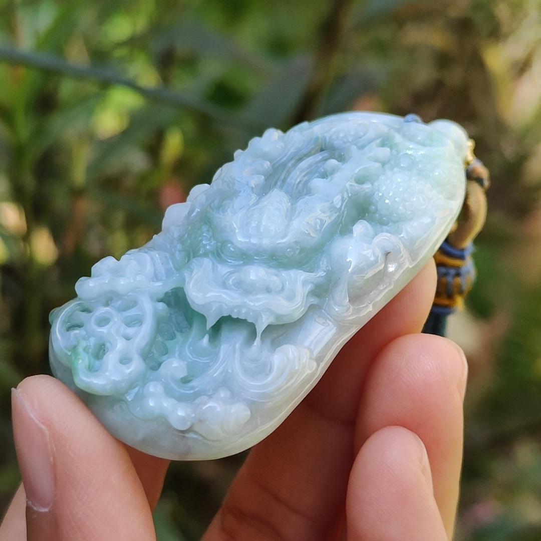 Blueish Green Natural Type A Jadeite Pendant Necklace crafted with Dragon and Fengshui Wheel, with GIC approved certificate weigh 39.57 grams, 58 * 29.8 * 12.6 mm, suitable for daily wear (pendant61)