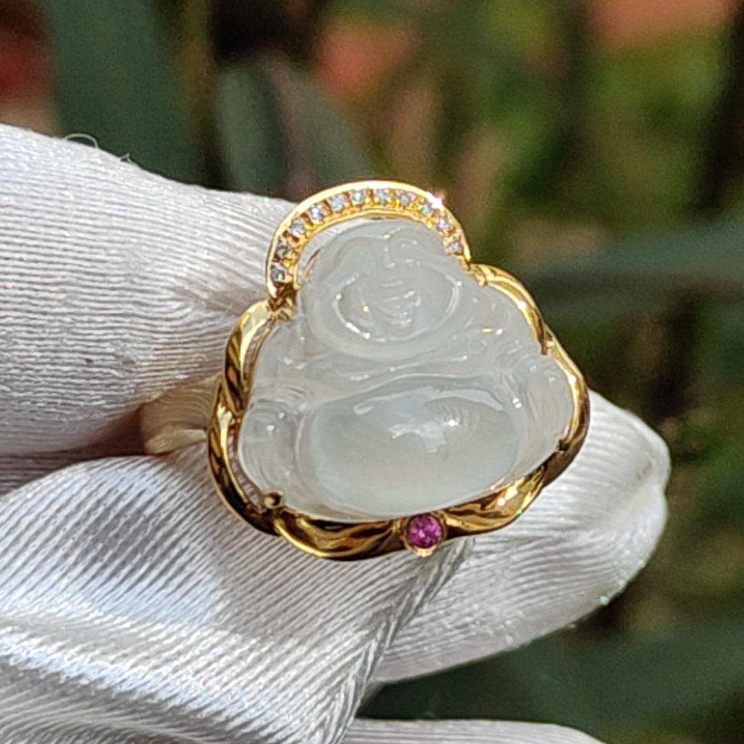 Premium Rare old pit Icy Natural Type A Jadeite Cabochon crafted as Laughing Buddha setting on G18K Gold as Ring with finger size 17.6mm, Certificate included weigh 3.23 grams, Jade measurement 12.8 * 14.8 * 4.1 mm (18kring5)