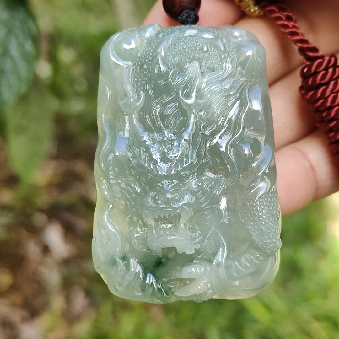 Premium Full Green with Green patches Rare Natural Type A Jadeite Jade Pendant Necklace Crafted as Dragon with certificate weigh 40.07 grams, 53.6 * 36 * 12.3 mm (pendant168)