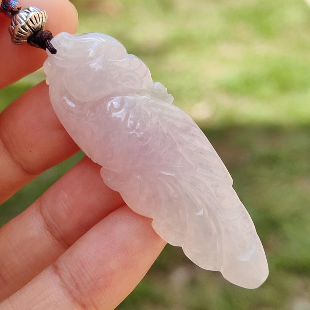 Rare Pinkish Light Lavender Hue Natural Type A Jadeite Pendant Necklace crafted as Parrot symbols of Wise and brave, heroic with certificate weigh 11.33 grams, 51.3 * 17.8 * 8.6 mm, mid-year offer and suitable for daily wear or collections (pendant28)