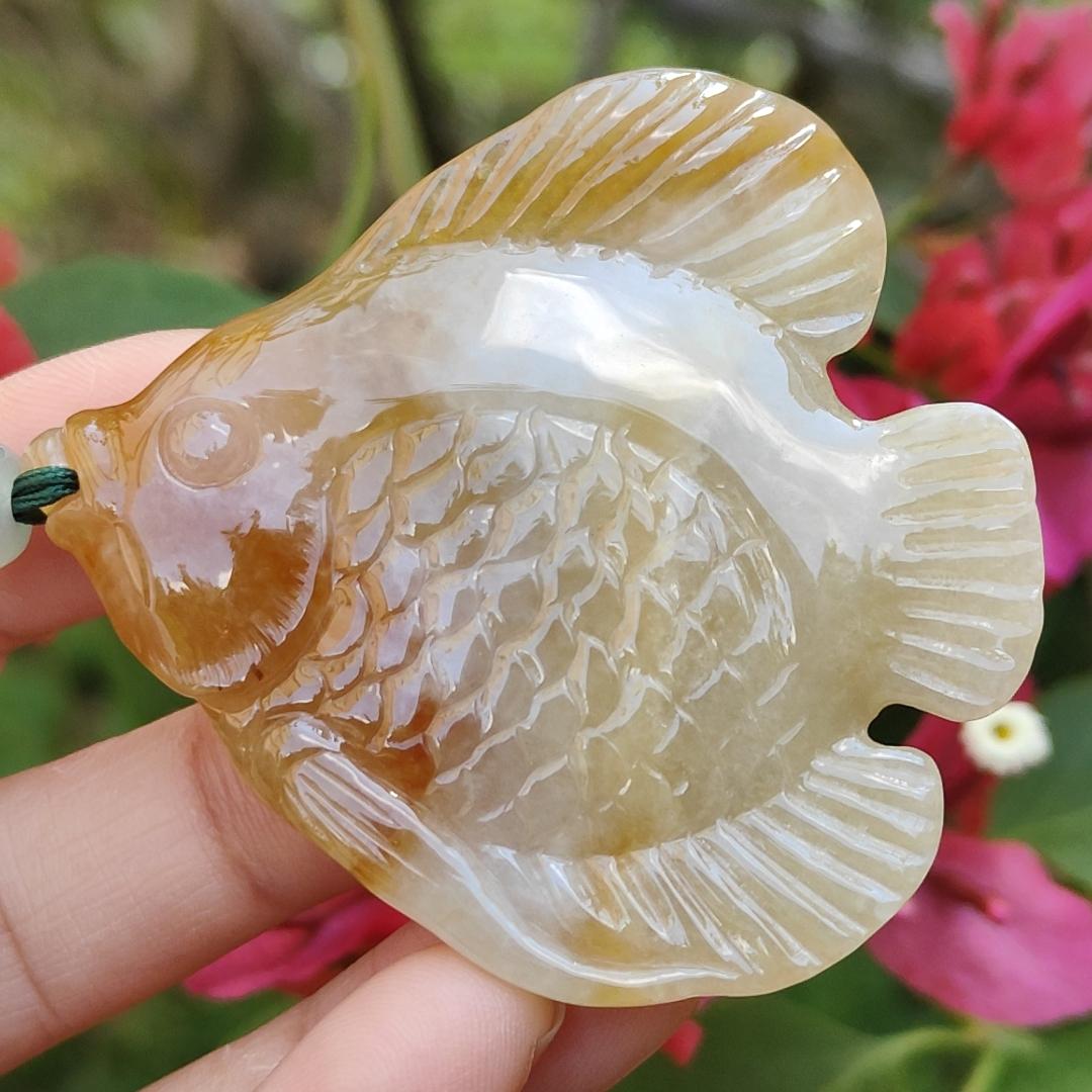 Yellow Natural Type A Jadeite Pendant carved as Fish with certificate weigh 28.33 grams, 55 * 50.2 * 7 mm, meaning Many sons and many blessings, full of children and grandchildren and Life is harmonious and smooth,free from worries and sorrows (pendant77)