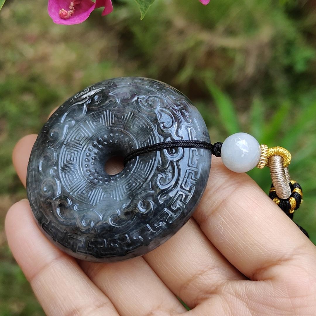 Hugh archaize style Black Natural Type A Jadeite Pendant crafted as Donut, symbols of Attract wealth , certificate included weigh 62.62 grams, 51 * 51 * 12.6 mm, suitable for daily wear (pendant63)