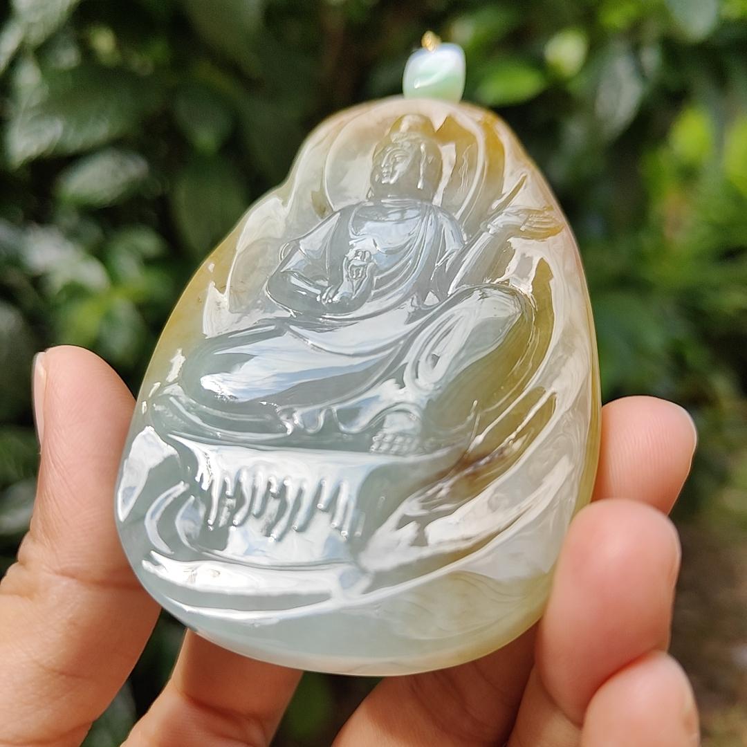 Hugh High Quality Light Green, Yellow Brown and Red Natural Type A Jadeite Jade crafted as Guanyin for Pendant, certificate weighs 79.47 grams, measurement 83.3 * 52.6 * 8.5 mm (pendant282)