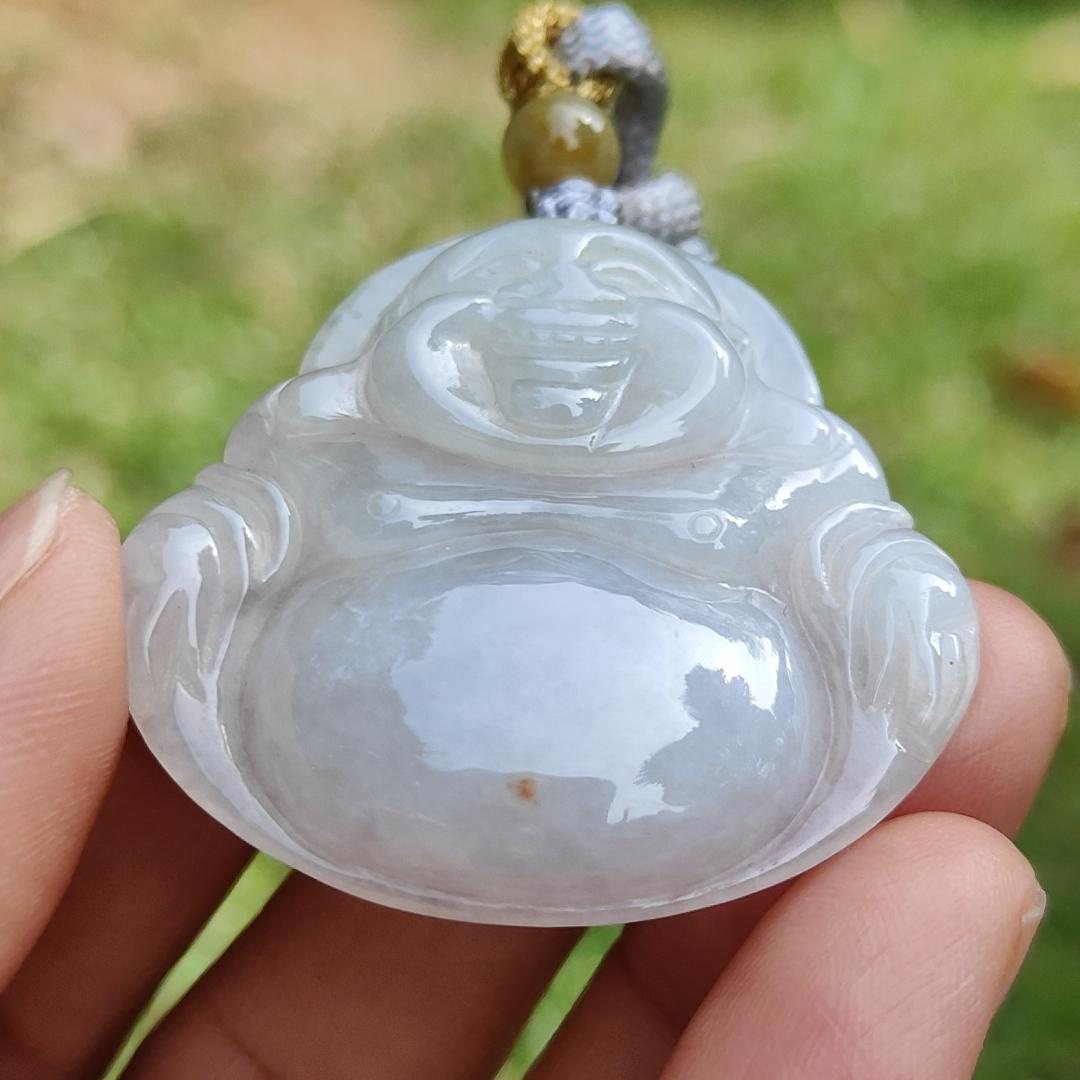 Quality Semi Translucent Natural Type A Jadeite Jade crafted as Milo Buddha as Pendant, certificate weighs 12.57 grams, measurement 37.5 * 38.9 * 6.3 mm (pendant275)