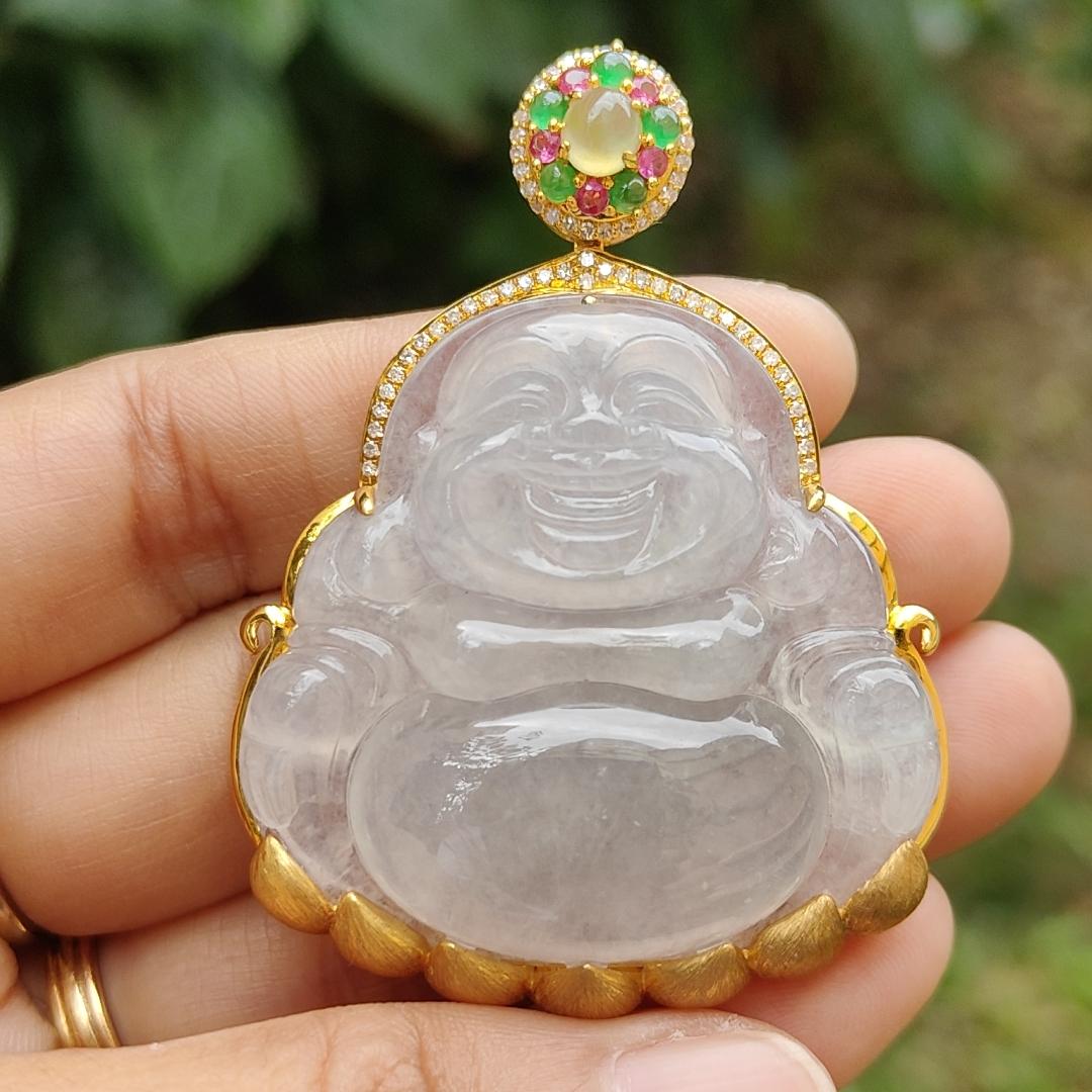 Premium Icy Translucent Natural Type A Jadeite Jade crafted as Milo Buddha set on 18k gold with diamonds as Pendant, certificate weighs 26.07 grams, measurement 38.8 * 40 * 7.2 mm, (18kp41)