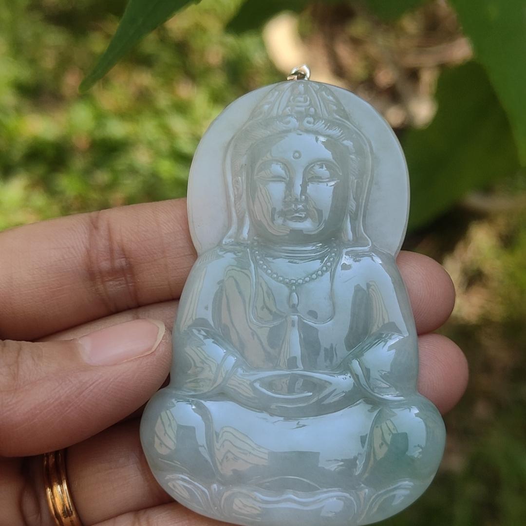 Old school Light Green Natural Type A Jadeite Jade Pendant Necklace Crafted as Guanyin with certificate weigh 33.21 grams, measurement 66 * 42.7 * 6.8 mm (pendant188)