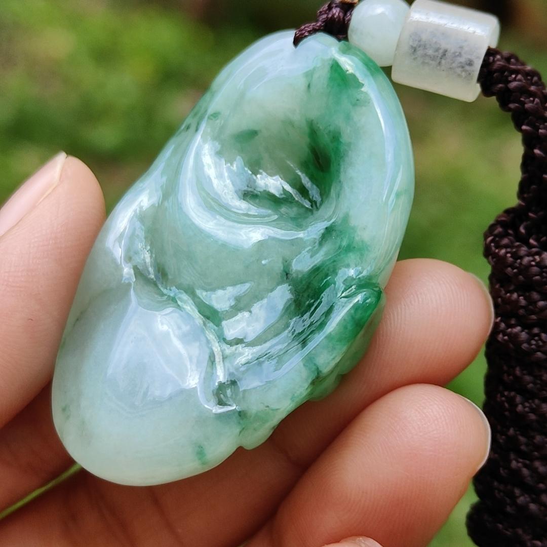 Rare High Quality Light Green and Green Natural Type A Jadeite Jade crafted with Milo Buddha as Pendant, certificate weighs 28.04 grams, measurement 46.3 * 30.3 * 13.9 mm (pendant285)