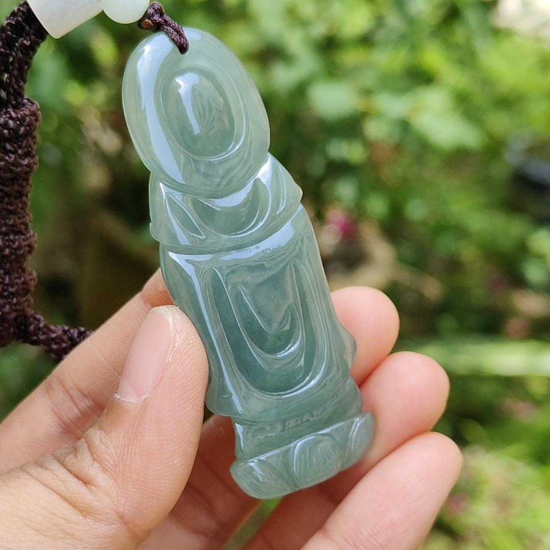 Good Quality Light Green Natural Type A Jadeite Jade crafted with standing Guanyin as Pendant, certificate weighs 31.45 grams, measurement 65.2 * 24.1 * 11 mm (pendant259)