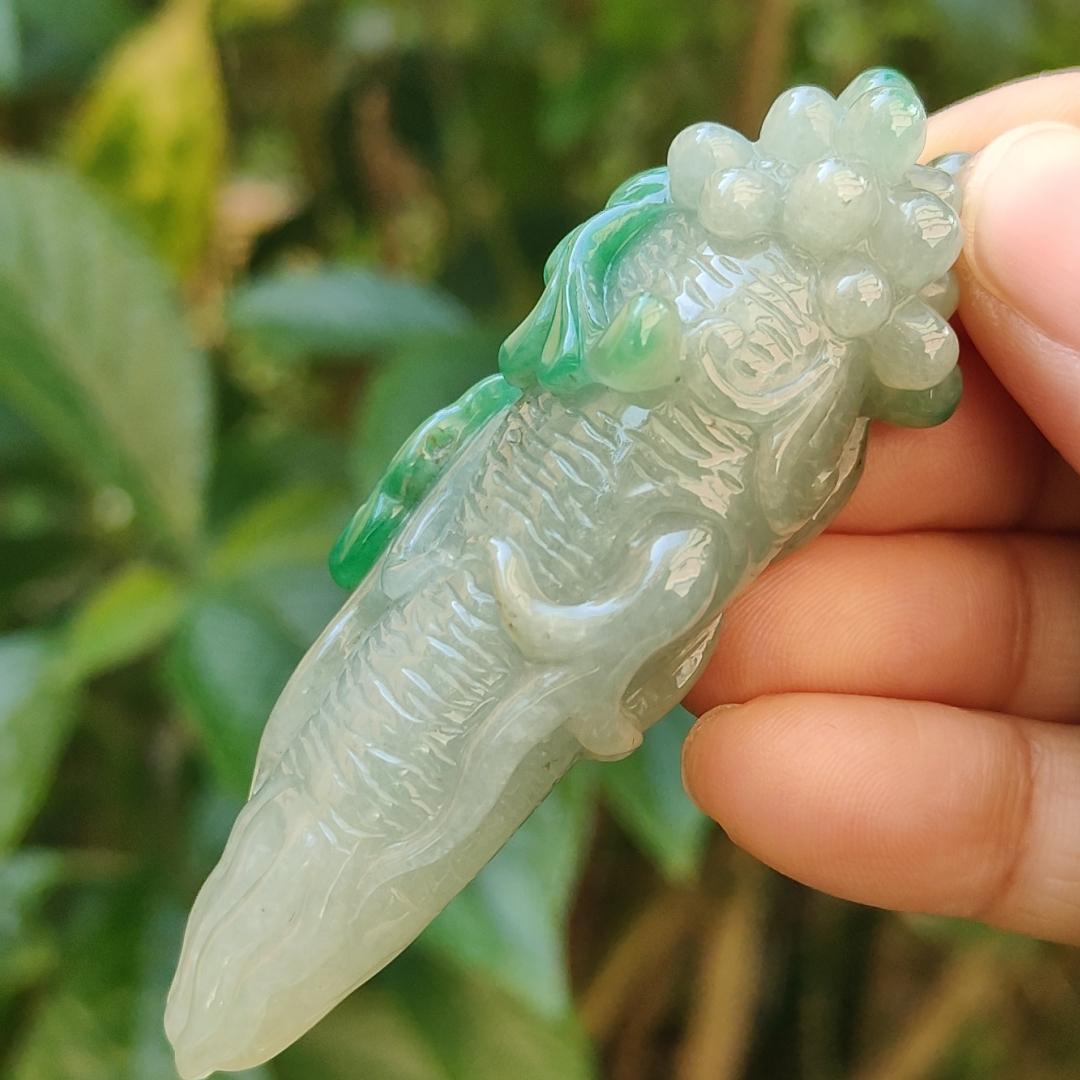 With Green and Light Green Ginseng Ruyi Natural Type A Jadeite pendant come with certificate weight 40.59 grams, 72.30 * 24.80 * 20 mm meaning Auspicious, representing good luck, happiness, joy, and wealth boosting you wearing it (pendant97)