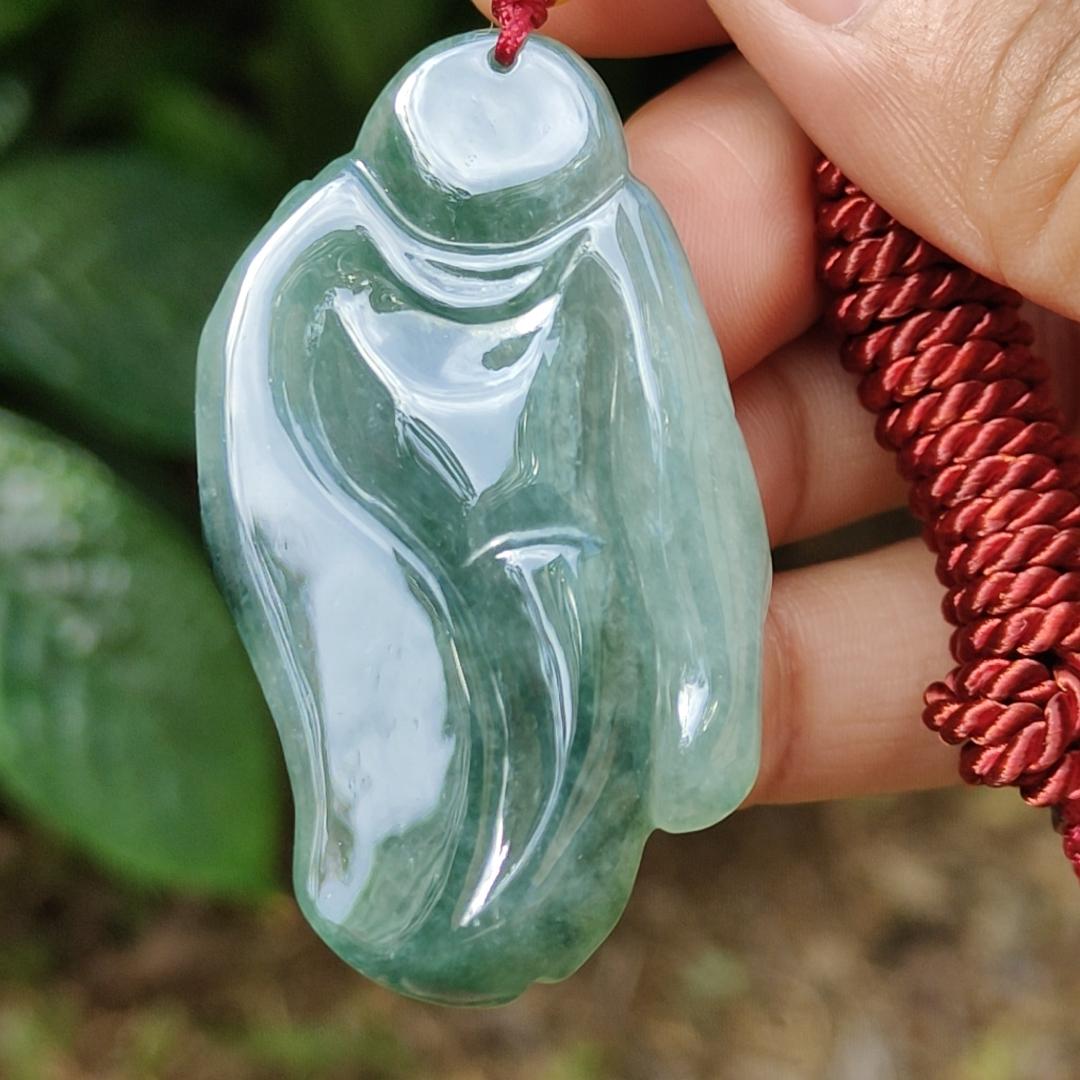 Green Natural Type A Jadeite Jade crafted with Milo Buddha as Pendant, certificate weigh 24.11 grams, measurement 51.2 * 31 * 10.5 mm (pendant239)