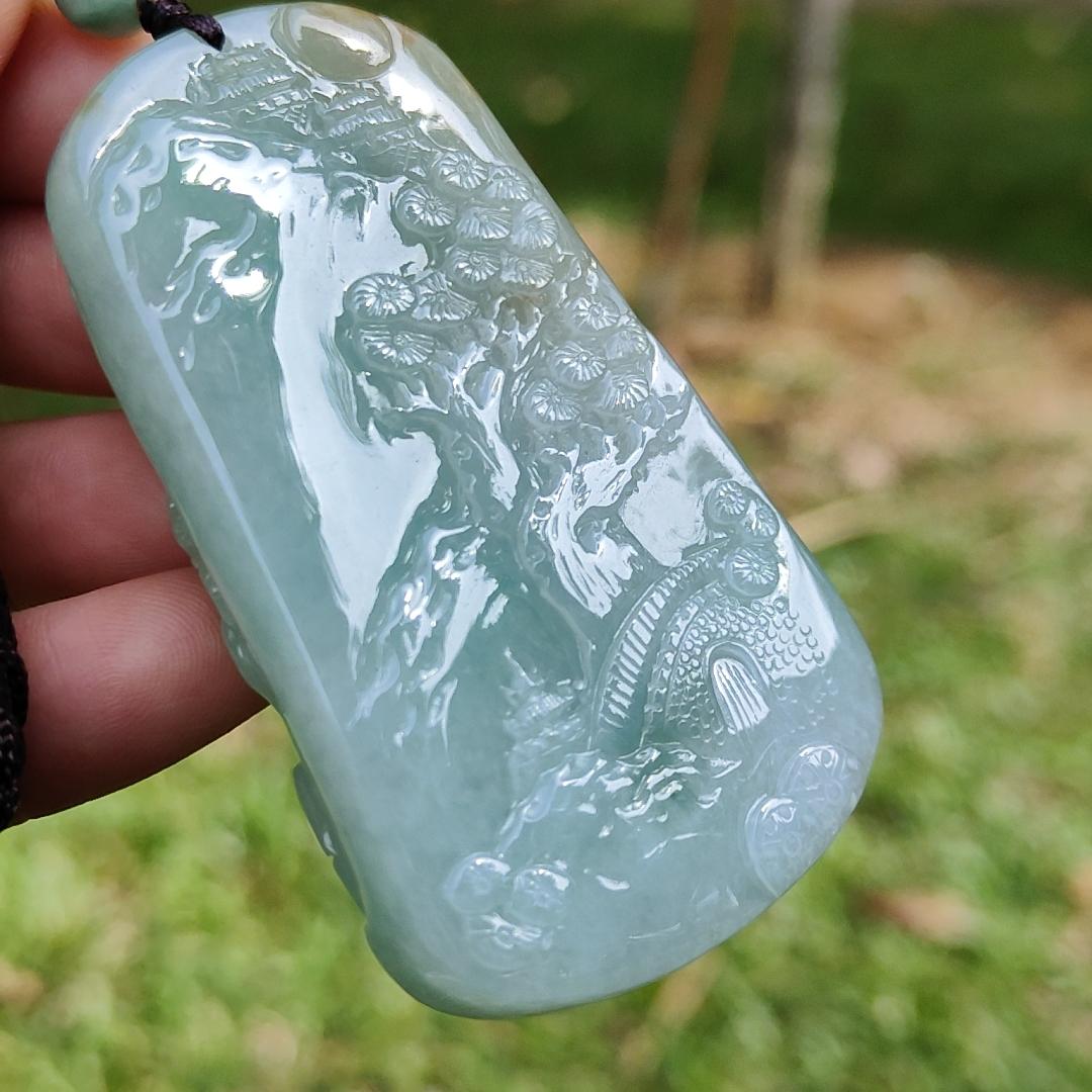 High Quality Light Green with Yellow Natural Type A Jadeite Jade crafted with sceneries as Pendant, certificate weighs 78.02 grams, measurement 66.1 * 40.5 * 13.3 mm (pendant280)