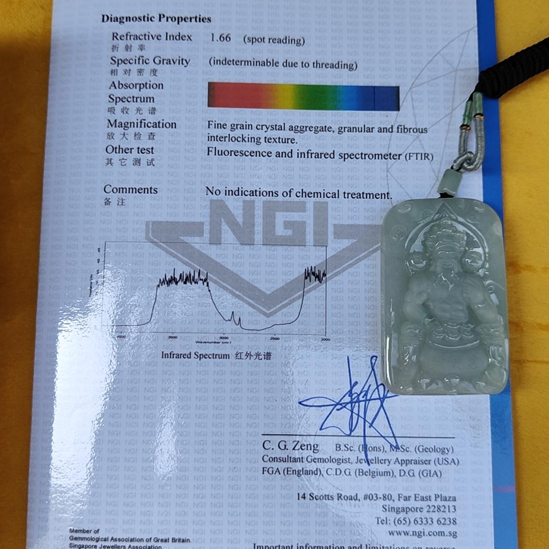 Fortune God with Heng Ong Huat Type A Natural Jadeite Jewelry Pendant with NGI Gemstone report pendant weight 56.18 gram , 59.45 * 37.1 * 10.26 mm - Translucent faint greenish blue (pendant141)