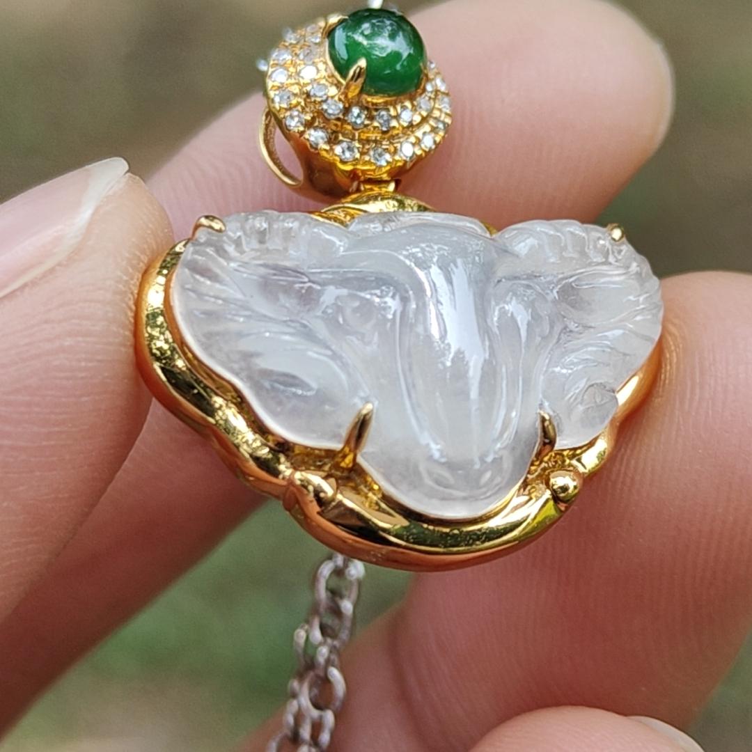 High Quality Icy Translucent Natural Type A Jadeite Jade crafted as Goat set with 18k Gold as Pendant, certificate weighs 2.99 grams, measurement 23 * 20.5 * 7.6 mm (18kp56)