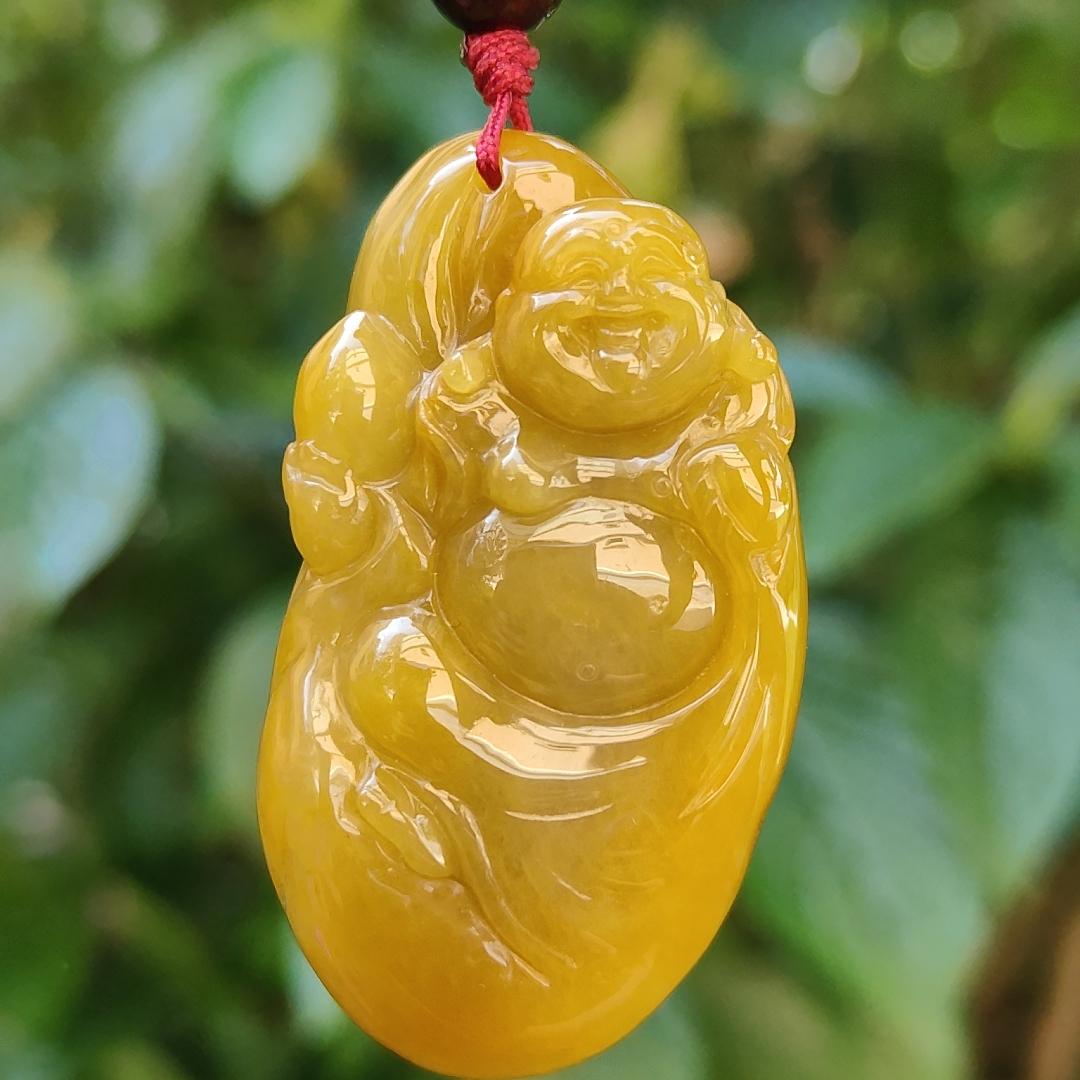 Full Yellow Old Mine Natural Type A Jadeite pendant carved with Laughing Buddha represents Tolerance and wisdom, humor, happy spirit, come with certificate weight 35.13 grams, 49.30 * 27.90 * 14.30 mm, suitable for daily wear on all occasions (pendant96)