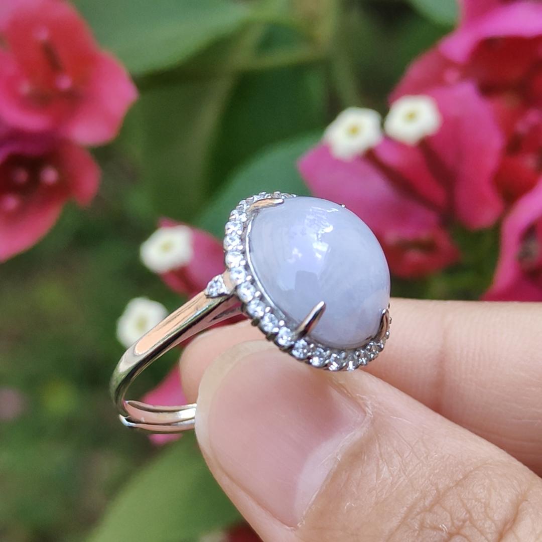 Lavender Cabochon set on S925 Silver adjustable ring Natural Type A Jadeite with QIC Labs approved certificate included weigh 3.99 grams, 13.8 * 12.3 * 5.7 mm suitable for all occasions (s925ring1)