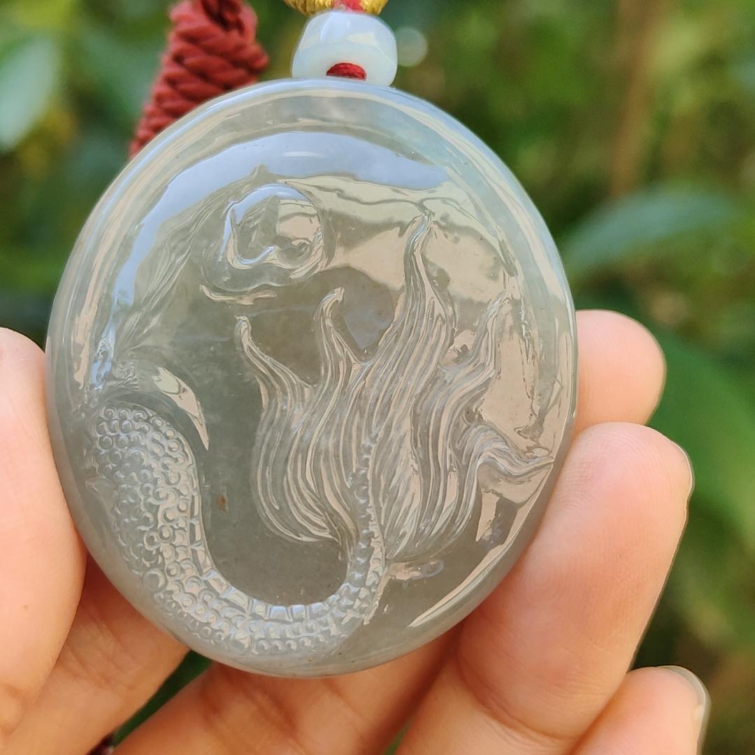 Light green with Brown fine quality Natural Type A Jadeite Pendant carved with dragon meaning wisdom, Auspiciousness, strength and independence with certificate weigh 41.21 grams, 46 * 40.60 * 10.80 mm, very suitable for daily wear (pendant91)