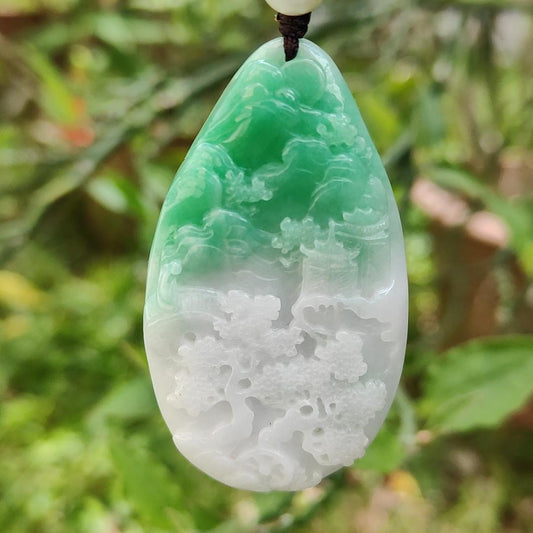 Light Purple with Light Green Double Tones Natural Type A Jadeite pendant carve with scenes come with certificate weight 26.36 grams, 57.30 * 32.20 * 7.10 mm suitable for your daily wear or for collection (pendant116)