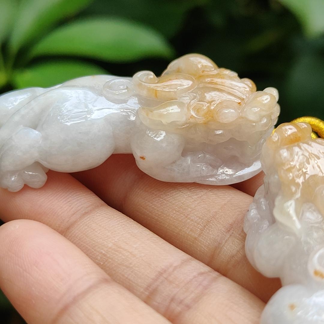 Sales - High Quality Pair of White, Yellow Natural Type A Jadeite Jade crafted as Pixiu for Pendant, certificate weighs 24.25 / 19.87 grams, measurements 50 * 21.3 * 14.1 / 47 * 20.6 * 13.6 mm (pendant292)