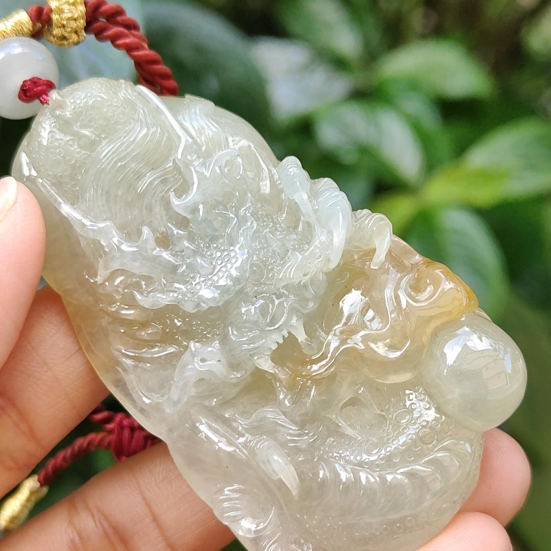 Premium Quality Yellow Natural Type A Jadeite Jade crafted with Dragon as Pendant, certificate weighs 53.72 grams, measurement 67.3 * 37.5 * 12.9 mm (pendant240)