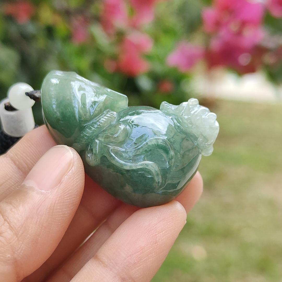 Dark Green Natural Type A Jadeite Jade crafted with Three legs toad on Money Pouch as Pendant with certificate weigh 26.67 grams, measurement 42 * 18.5 * 14 mm (pendant230)