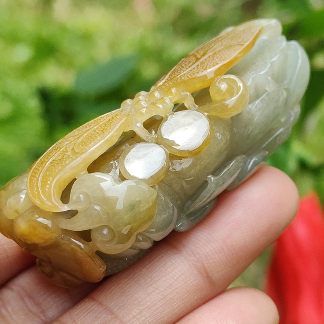 Super Rare High Quality Light Green and Yellow Natural Type A Jadeite Jade crafted with Dragonfly and Ruyi as Pendant, certificate weighs 60.60 grams, measurement 60 * 32.1 * 22.3 mm (pendant260)