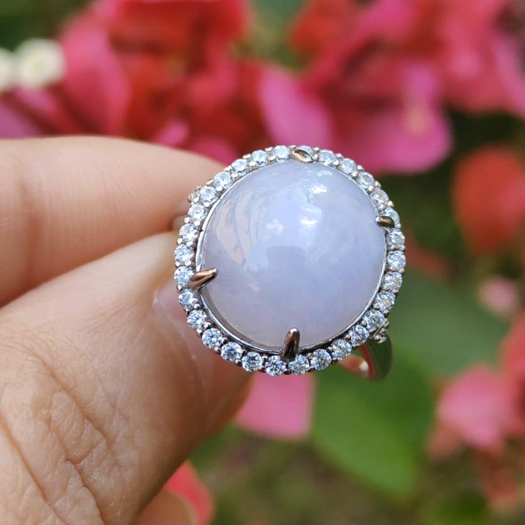 Lavender Cabochon set on S925 Silver adjustable ring Natural Type A Jadeite with QIC Labs approved certificate included weigh 3.99 grams, 13.8 * 12.3 * 5.7 mm suitable for all occasions (s925ring1)