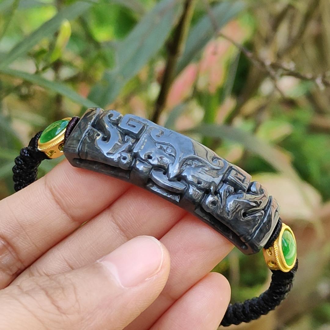 Wuji Black Natural Type A Jadeite Bracelet crafted with Tao Tie, symbols of Power and abundance and Money, with certificate weigh, mm  11.17 grams, 48.8 * 13.3 * 6.9 (bracelet7)