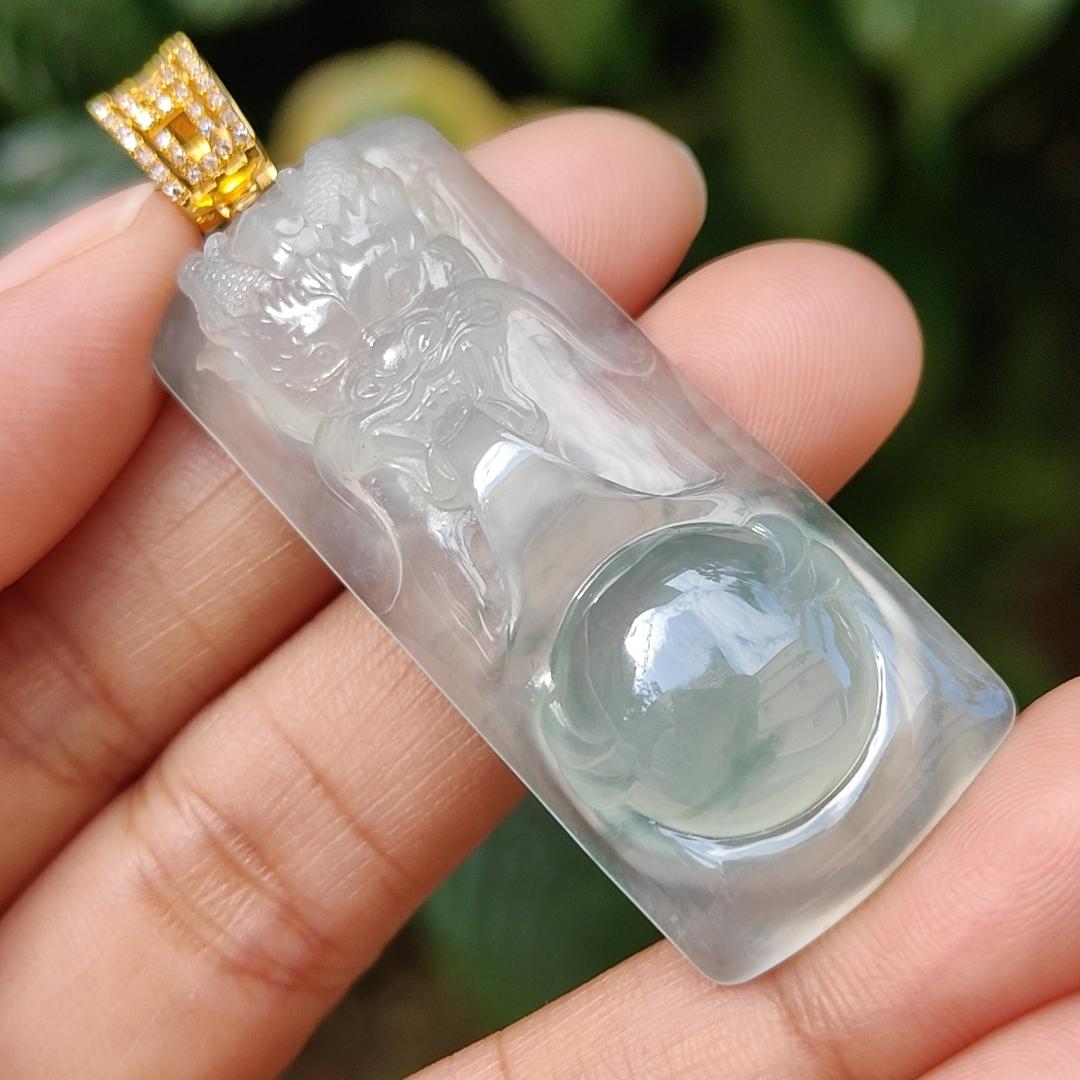 Premium Icy Translucent Light Green Natural Type A Jadeite Jade crafted with Dragon set on 18k Gold as Pendant, certificate weighs 12.99 grams, measurement 46.8 * 19.7 * 7.7 mm (18kp43)