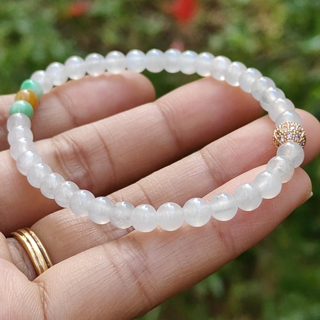 Icy Translucent beads, mix with 2 green 1 yellow Natural Type A Jadeite Bracelet, total of 38 beads with GIC labs approved certificate weigh 8.43 grams, measurement 4.8 mm, a stunning collection for your daily wear (bracelet3)