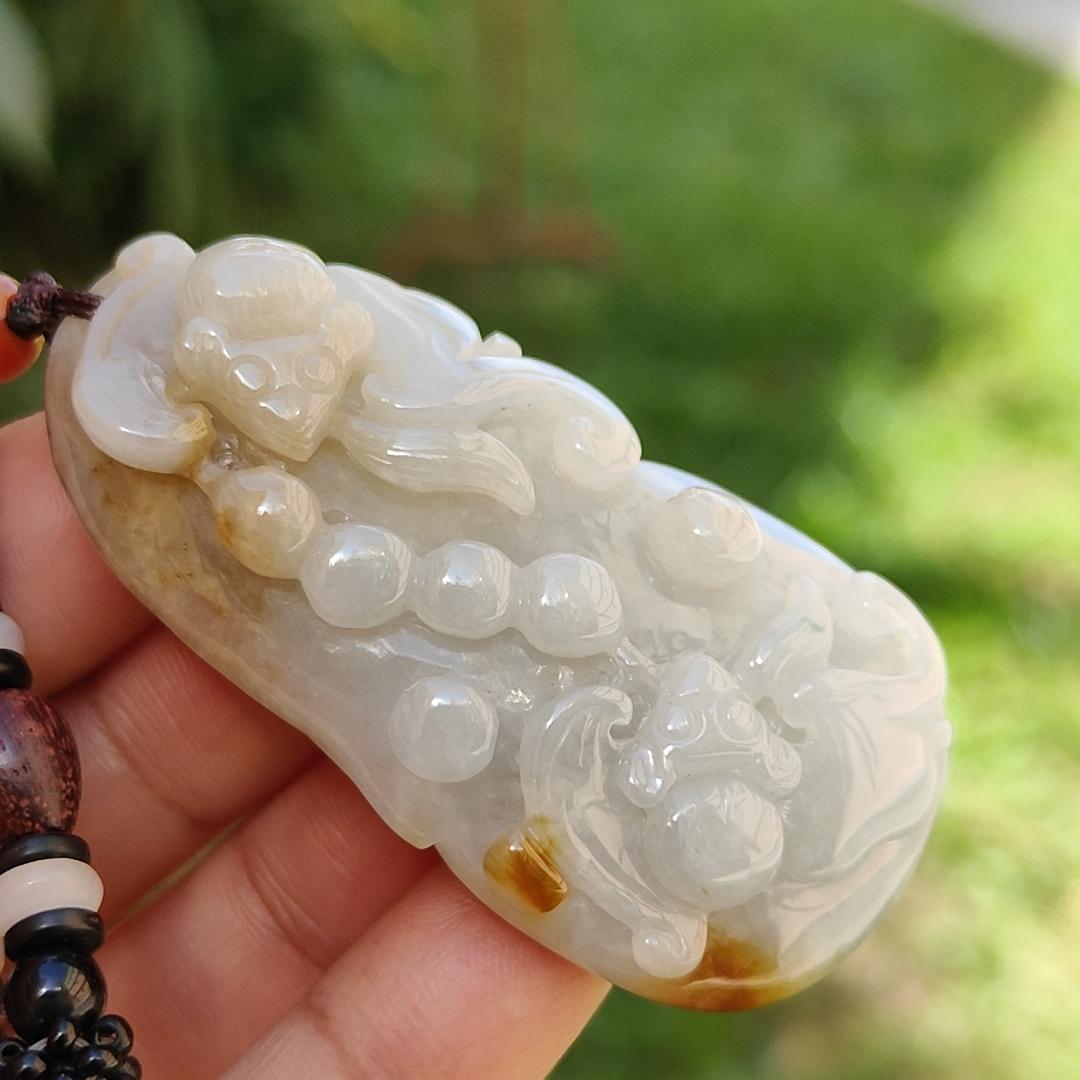 Another Excellent Old Collection with Yellow and Green Natural Type A Jadeite Jade Pendant Necklace crafted as Gourd with two bats with certificate weigh 34.42 grams, 55.5 * 29.5 * 12.3 mm (pendant173)